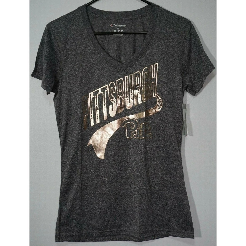 Pittsburg‎ PITT x Champion Gold Foil  Women Medium Charcoal V-Neck T-Shirt  NEW